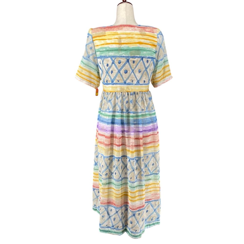 Vtg NOS 90s Two Potato Artsy Watercolor A Line Midi Dress M Petite Sheer Pastel - Picture 3 of 16